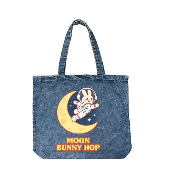 Moon Bunny Hop Denim Tote Bag